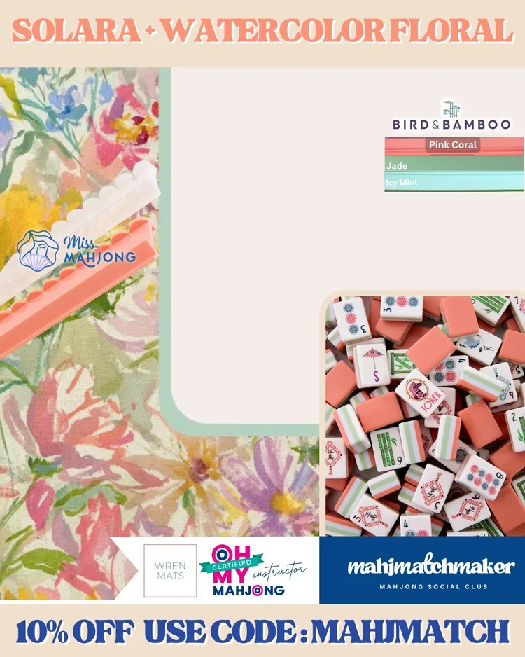 Oh My Mahjong Solara mahjong tiles with Wren Mats Watercolor Floral mahjong mat