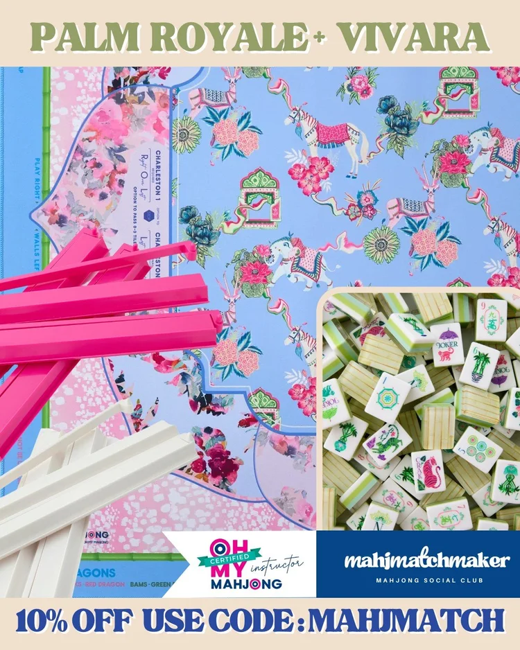 Oh My Mahjong Palm Royale mahjong tiles with Oh My Mahjong Vivara mahjong mat