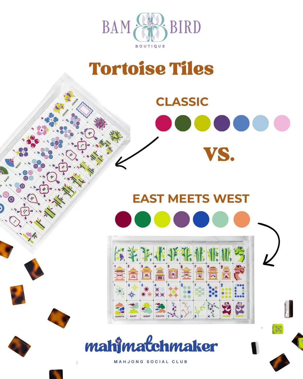Bam Bird Boutique Tortoise mahjong tiles real-life table