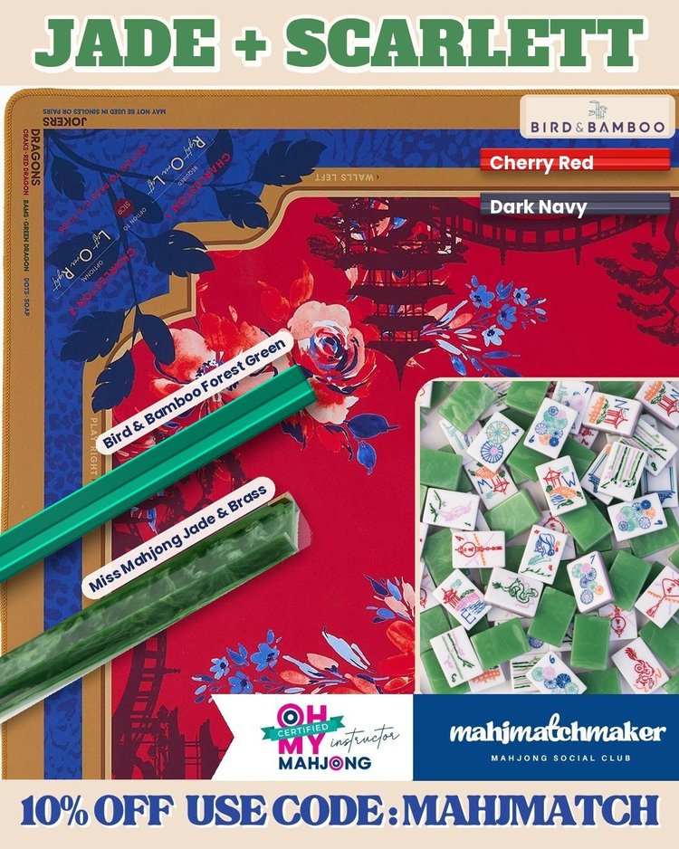 Miss Mahjong Jade mahjong tiles with Oh My Mahjong Scarlett mahjong mat