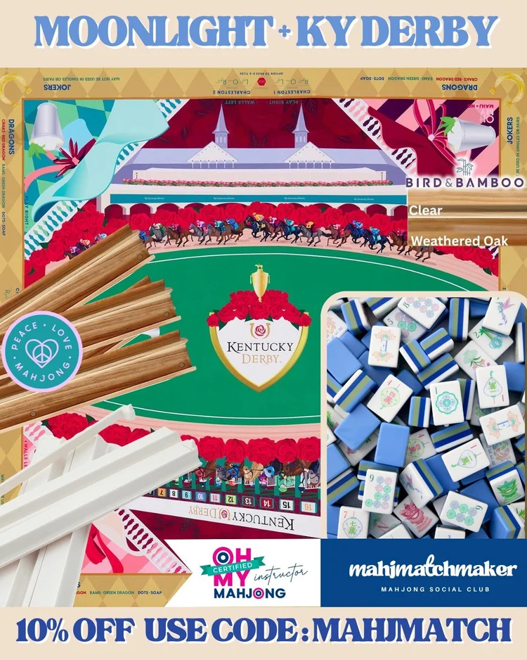 Oh My Mahjong Moonlight mahjong tiles with Oh My Mahjong KY Derby mahjong mat