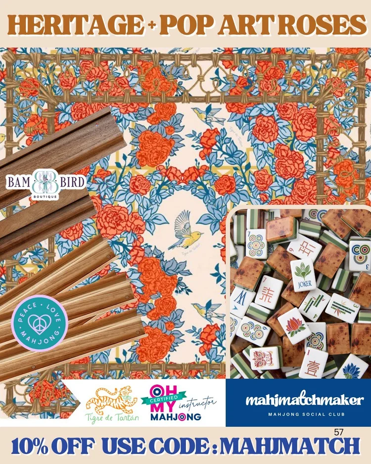 Oh My Mahjong Heritage mahjong tiles with Tigre de Tartan Pop Art Roses mahjong mat
