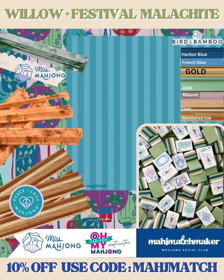 Oh My Mahjong Willow mahjong tiles with Miss Mahjong Festival Malachite mahjong mat