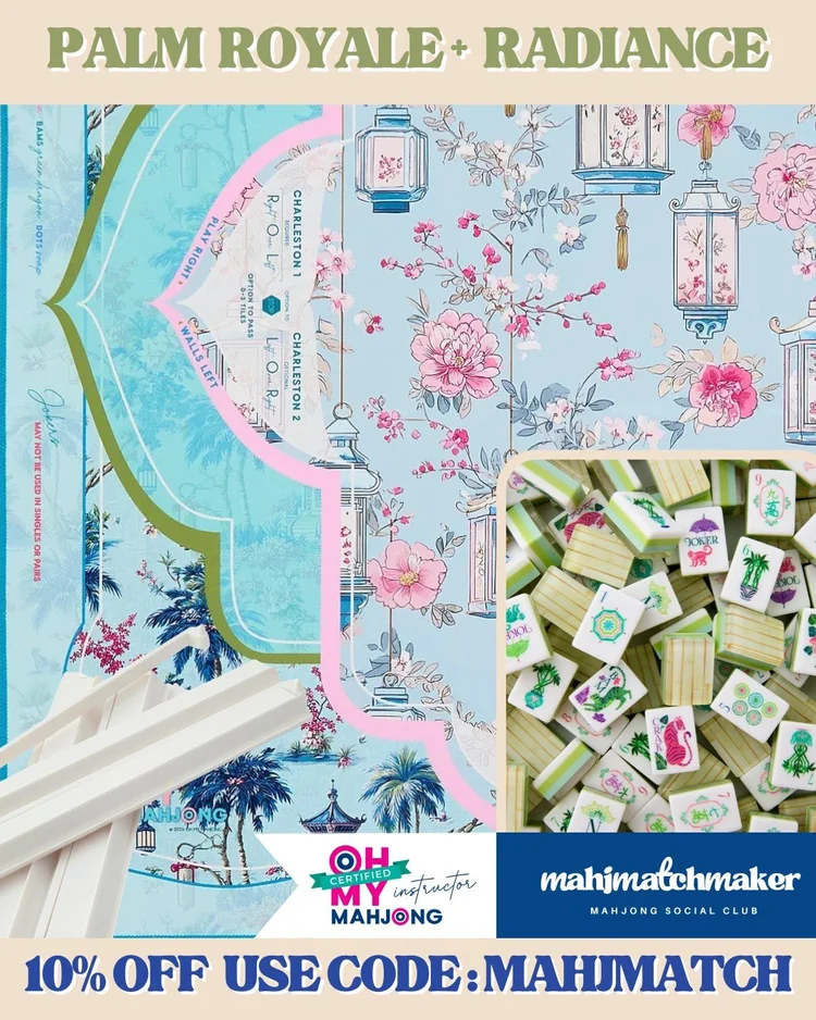 Oh My Mahjong Palm Royale mahjong tiles with Oh My Mahjong Radiance mahjong mat