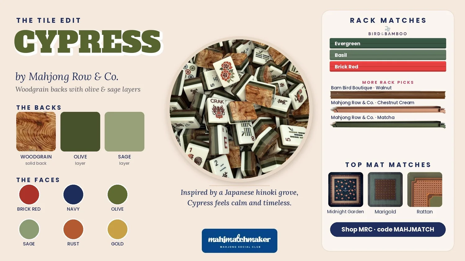 Mahjong Row & Co. Cypress Forest mahjong tiles color guide and rack matches