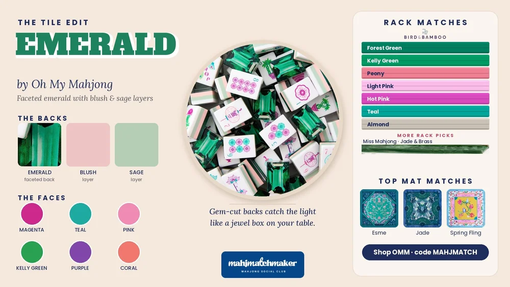 Emerald mahjong tiles color card with rack and mat matches