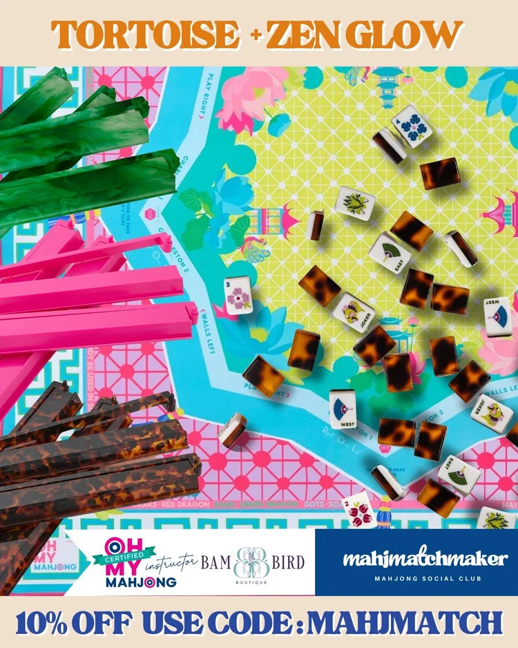 Bam Bird Boutique Tortoise mahjong tiles with Oh My Mahjong Zen Glow mahjong mat