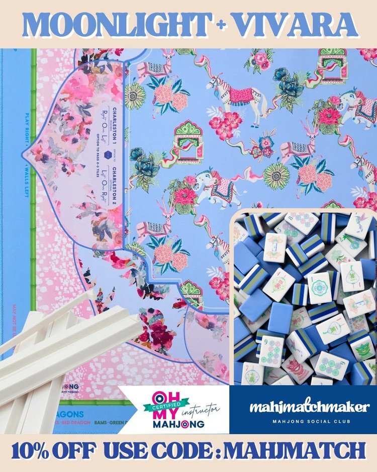 Oh My Mahjong Moonlight mahjong tiles with Oh My Mahjong Vivara mahjong mat