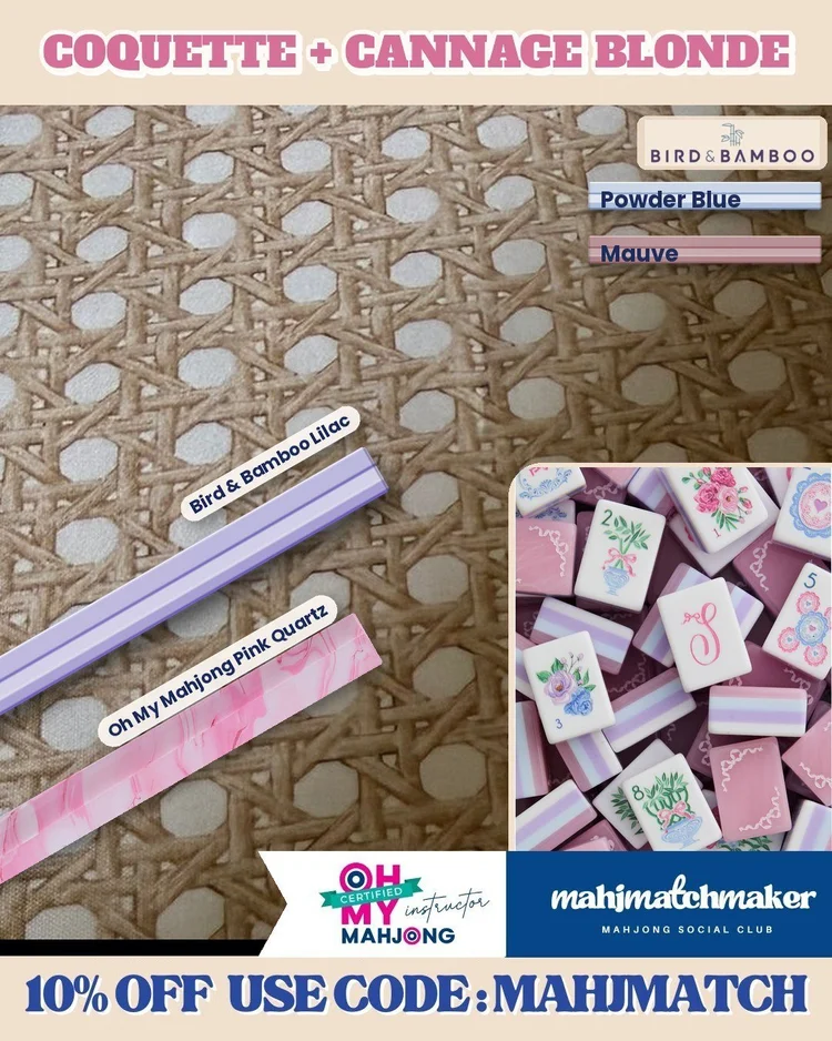 LoveShackFancy Coquette mahjong tiles with Tigre de Tartan Cannage Blonde mahjong mat