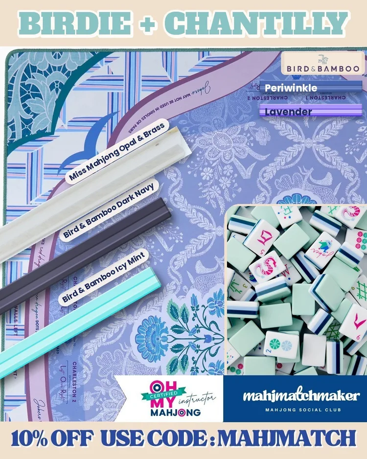 Oh My Mahjong Birdie mahjong tiles with Oh My Mahjong Chantilly mahjong mat