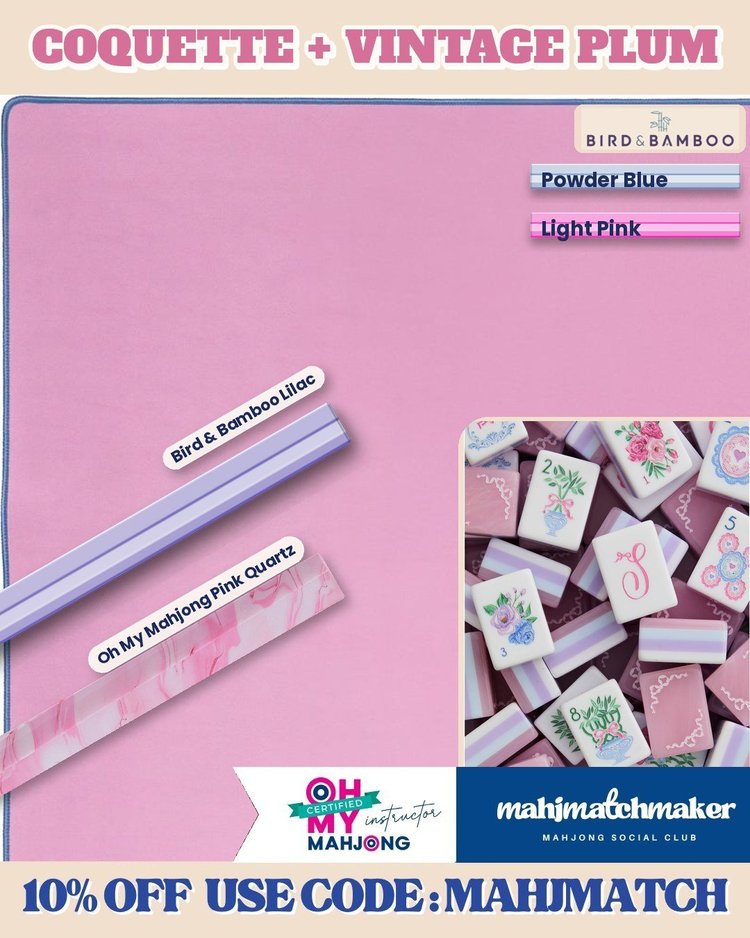 LoveShackFancy Coquette mahjong tiles with Bam Bird Boutique Vintage Plum mahjong mat