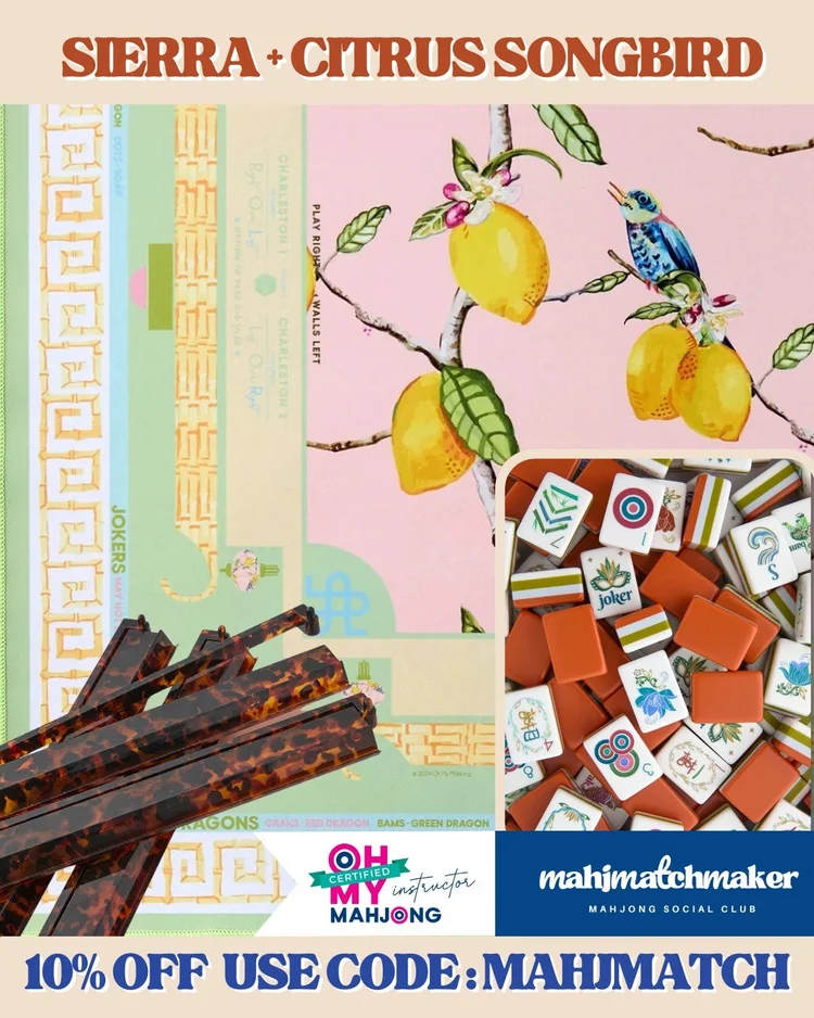 Oh My Mahjong Sierra mahjong tiles with Oh My Mahjong Citrus Songbird mahjong mat