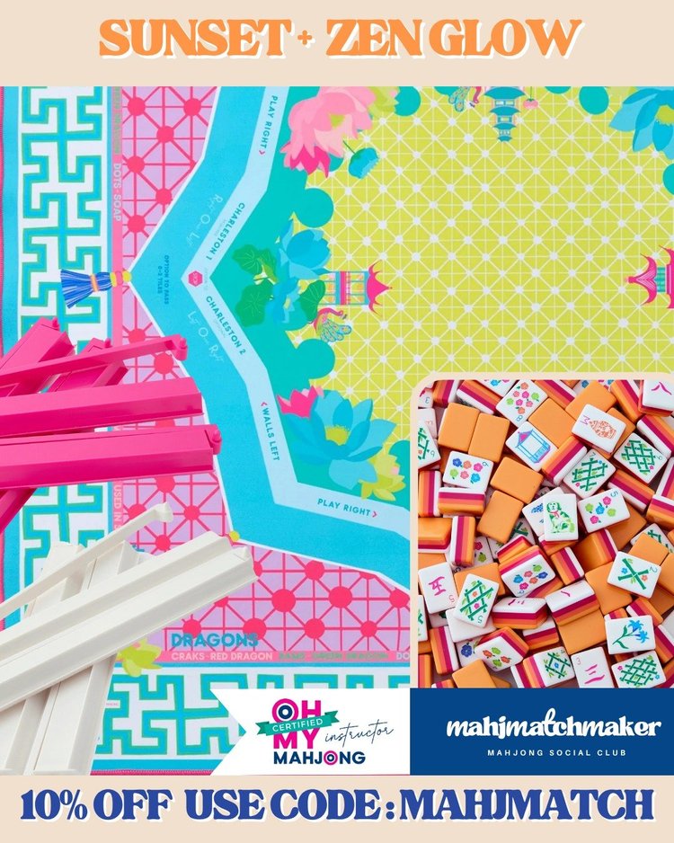 Oh My Mahjong Sunset mahjong tiles with Oh My Mahjong Zen Glow mahjong mat
