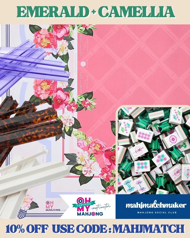 Oh My Mahjong Emerald mahjong tiles with Oh My Mahjong Camellia mahjong mat