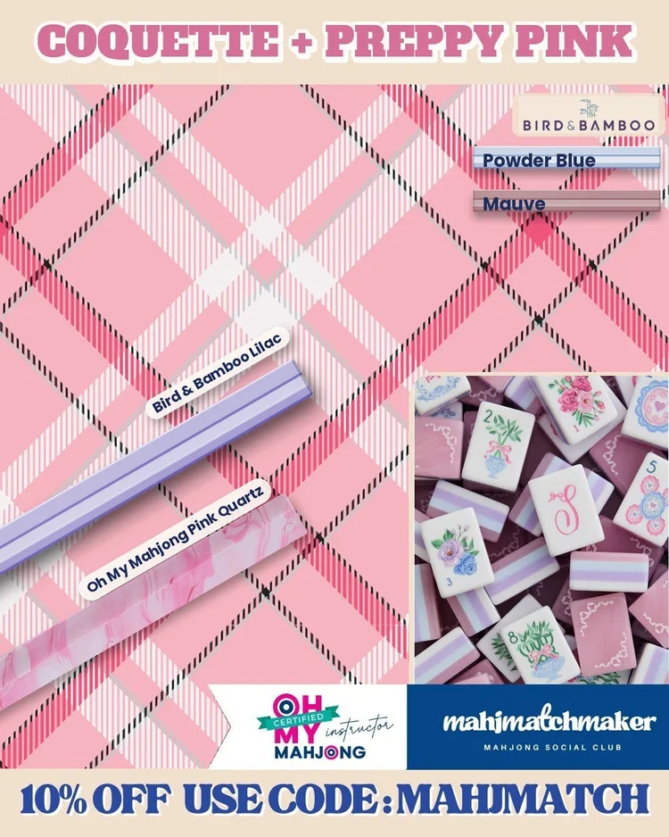 LoveShackFancy Coquette mahjong tiles with Bespoke Mahjong Tartan Plaid in Preppy Pink mahjong mat