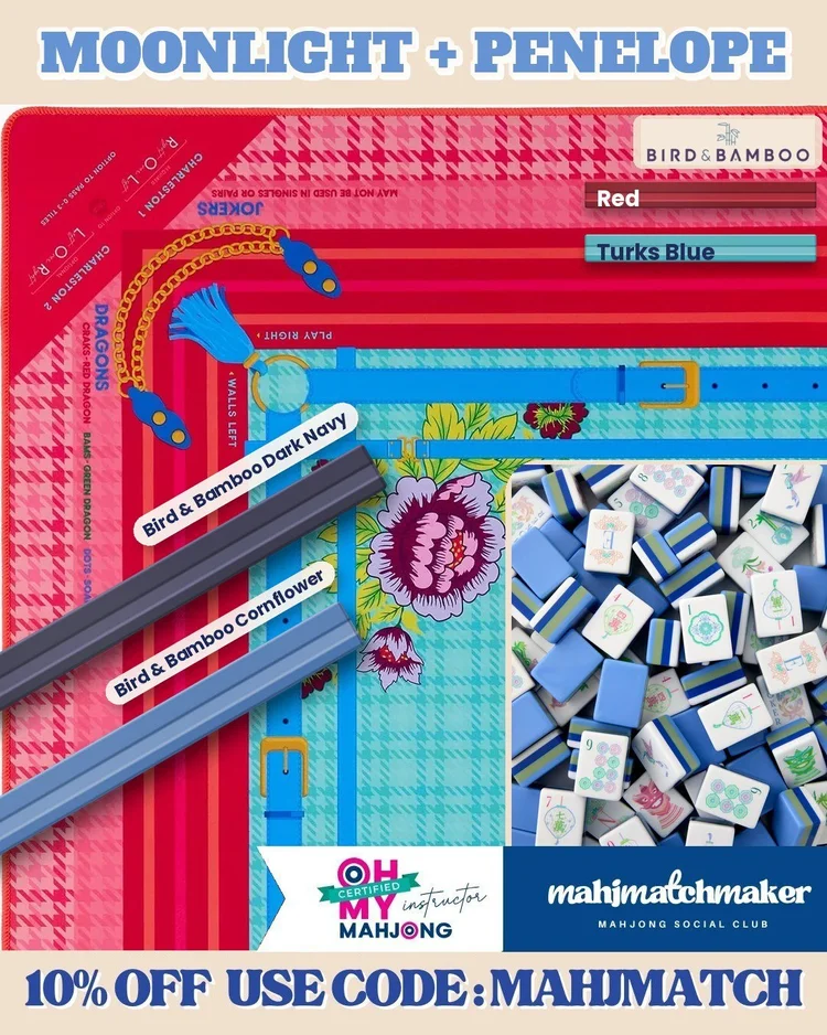 Oh My Mahjong Moonlight mahjong tiles with Oh My Mahjong Penelope mahjong mat