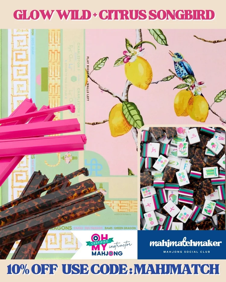 Oh My Mahjong Glow Wild mahjong tiles with Oh My Mahjong Citrus Songbird mahjong mat