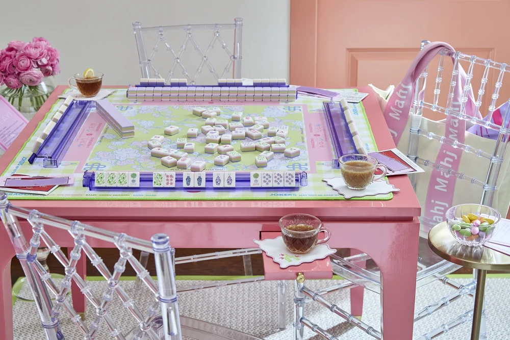 Oh My Mahjong Taylor mahjong tiles at the table: Taylor on the Oh My Mahjong Garden Party mat · photo: Oh My Mahjong