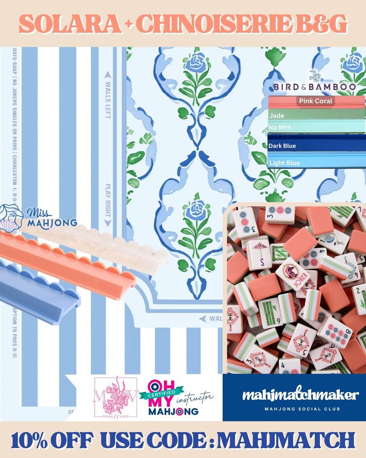 Oh My Mahjong Solara mahjong tiles with Mahj & Vine Chinoiserie Blue and Green mahjong mat