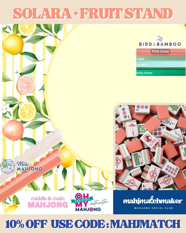 Oh My Mahjong Solara mahjong tiles with Middle & Main Mahjong Fruit Stand mahjong mat