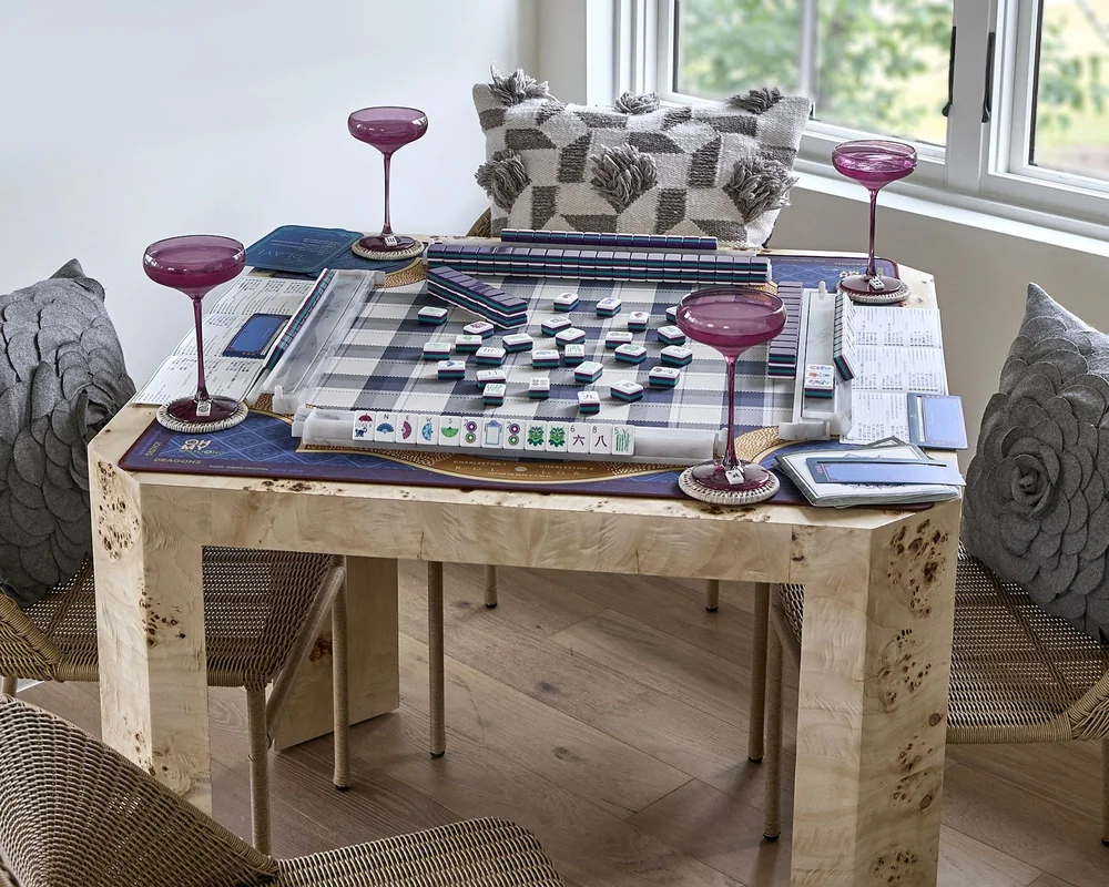 Oh My Mahjong Gemma mahjong tiles at the table: Gemma on the Oh My Mahjong Vanderbilt mat · photo: Oh My Mahjong