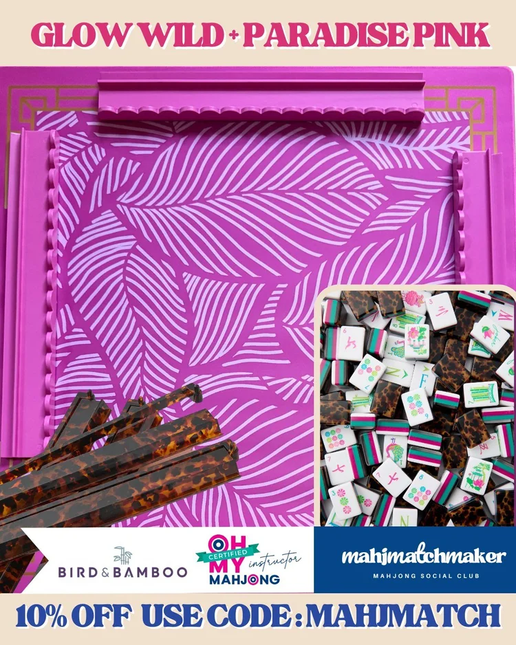 Oh My Mahjong Glow Wild mahjong tiles with Bird & Bamboo Paradise Pink mahjong mat