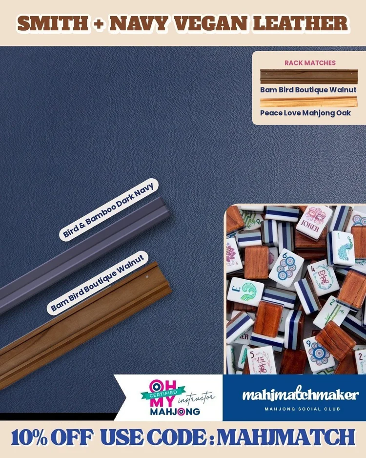 Oh My Mahjong Smith mahjong tiles with Bam Bird Boutique navy vegan leather mahjong mat