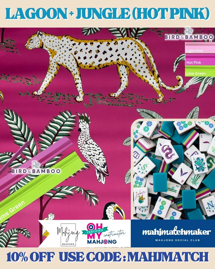 Oh My Mahjong Lagoon mahjong tiles with Bespoke Mahjong Jungle Hot Pink mahjong mat