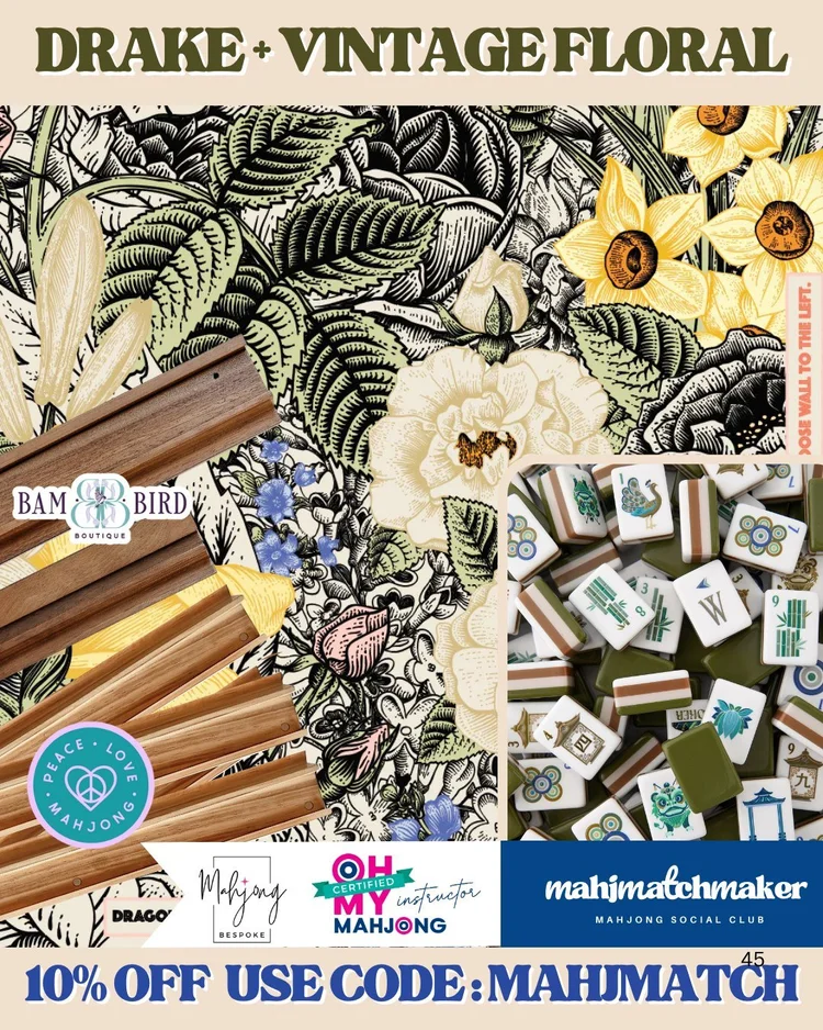 Oh My Mahjong Drake mahjong tiles with Bespoke Mahjong Vintage Floral mahjong mat