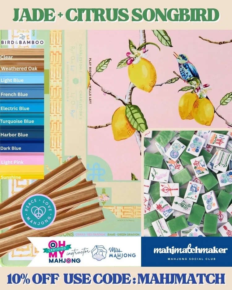Miss Mahjong Jade mahjong tiles with Oh My Mahjong Citrus Songbird mahjong mat