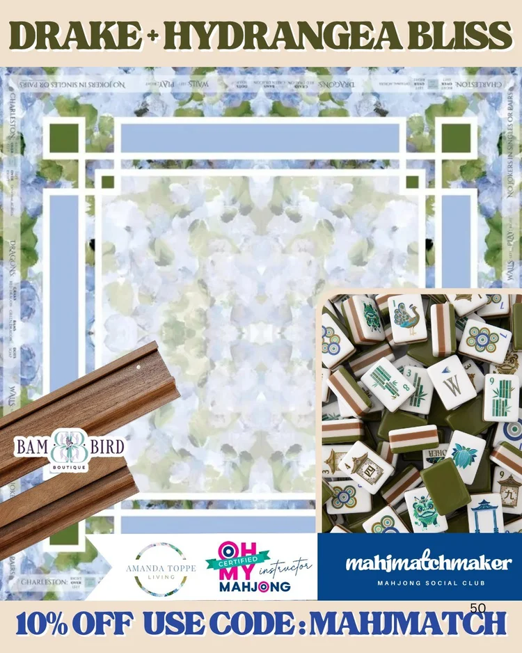 Oh My Mahjong Drake mahjong tiles with Amanda Toppe Hydrangea Bliss mahjong mat