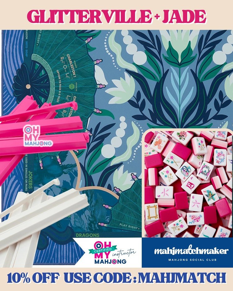 Oh My Mahjong Glitterville mahjong tiles with Oh My Mahjong Jade mahjong mat