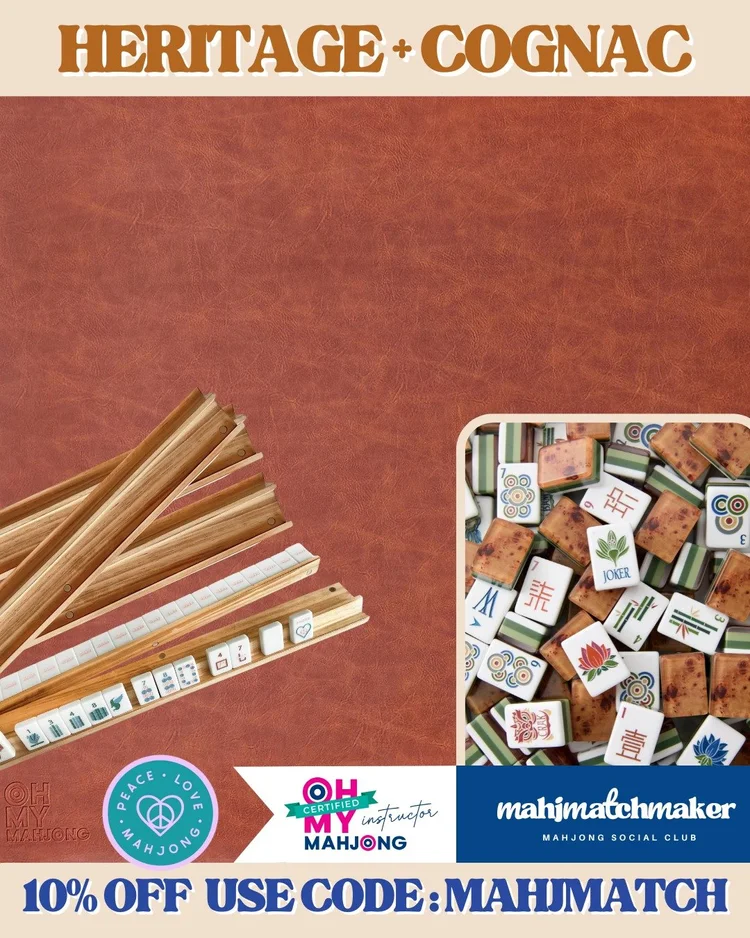Oh My Mahjong Heritage mahjong tiles with Oh My Mahjong Cognac mahjong mat