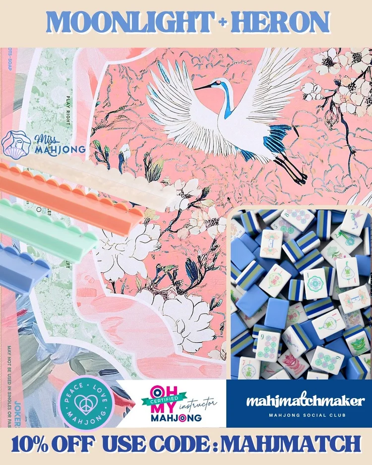 Oh My Mahjong Moonlight mahjong tiles with Oh My Mahjong Heron mahjong mat