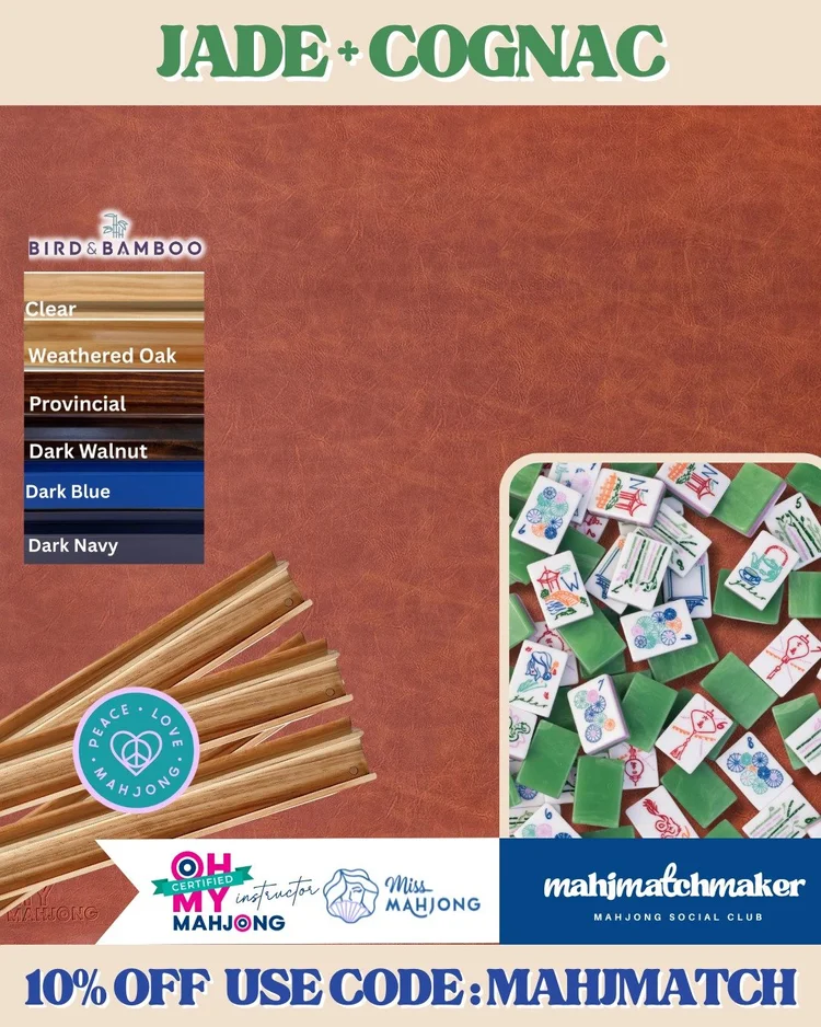 Miss Mahjong Jade mahjong tiles with Oh My Mahjong Cognac mahjong mat