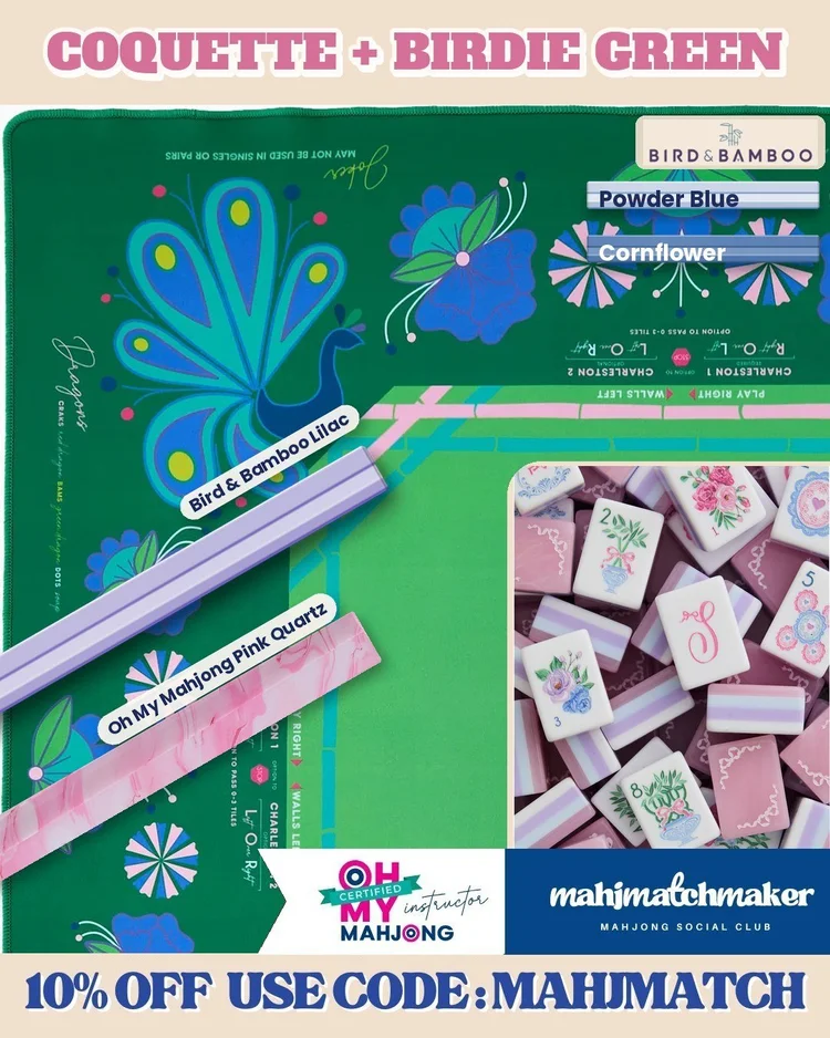 LoveShackFancy Coquette mahjong tiles with Oh My Mahjong Birdie Green mahjong mat