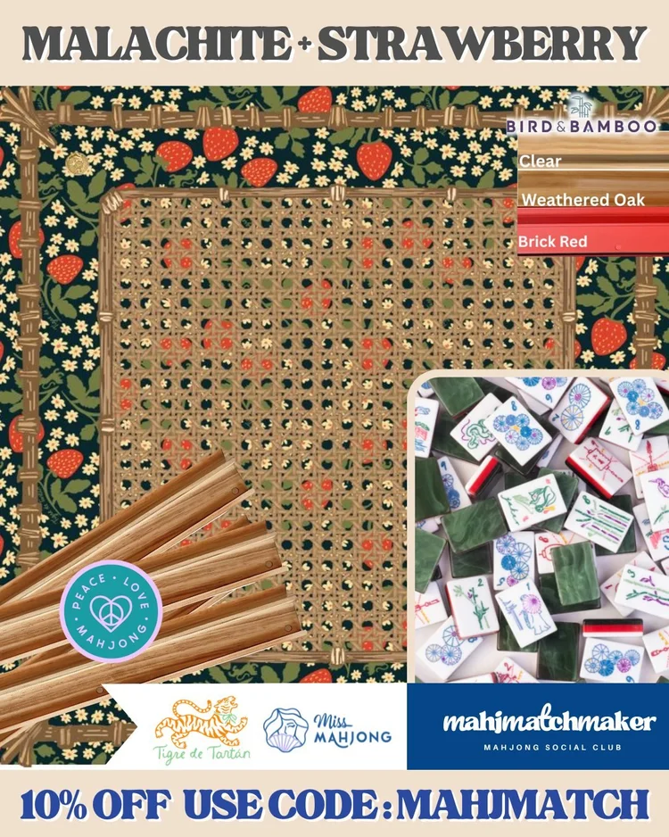 Miss Mahjong Malachite mahjong tiles with Tigre de Tartan Strawberry mahjong mat
