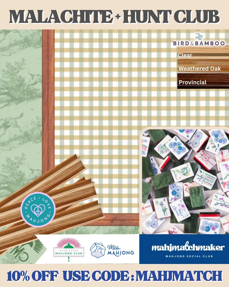 Miss Mahjong Malachite mahjong tiles with Charleston Mahjong Club Hunt Club mahjong mat