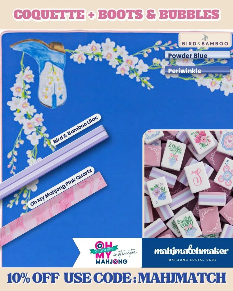 LoveShackFancy Coquette mahjong tiles with Bam Bird Boutique Boots & Bubbles in Periwinkle mahjong mat