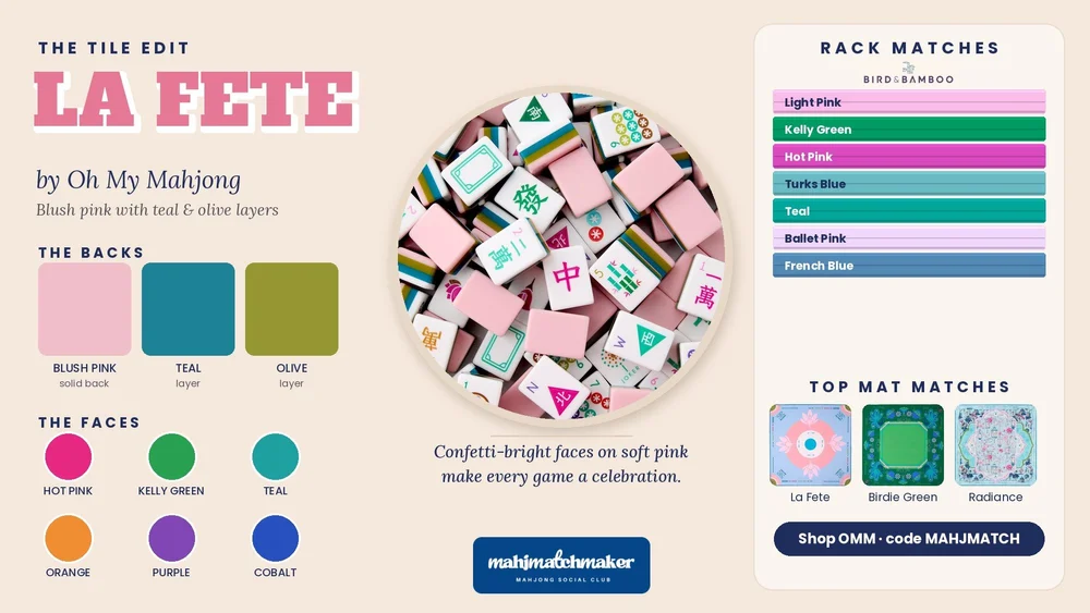 La Fete mahjong tiles color card with rack and mat matches
