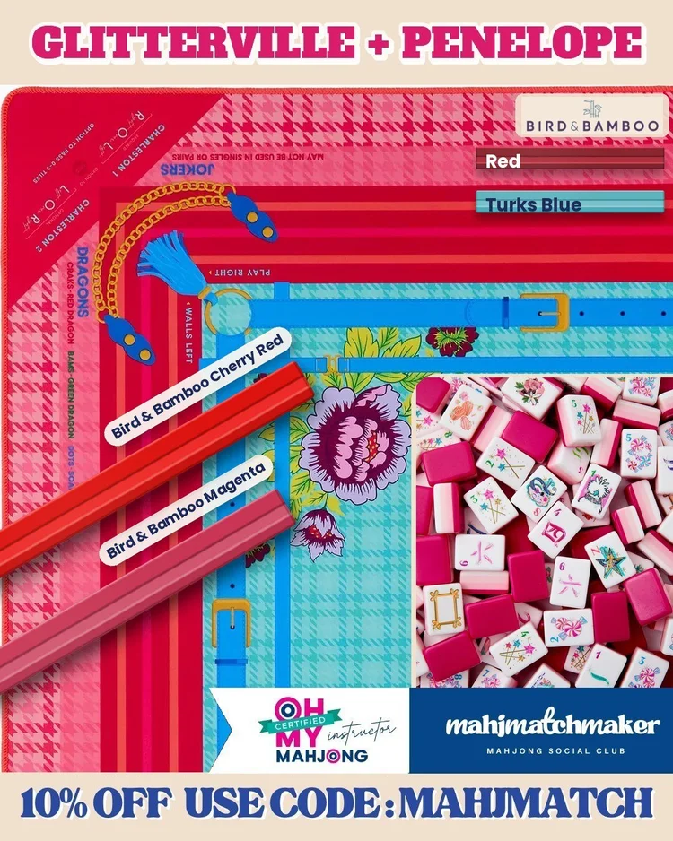 Oh My Mahjong Glitterville mahjong tiles with Oh My Mahjong Penelope mahjong mat