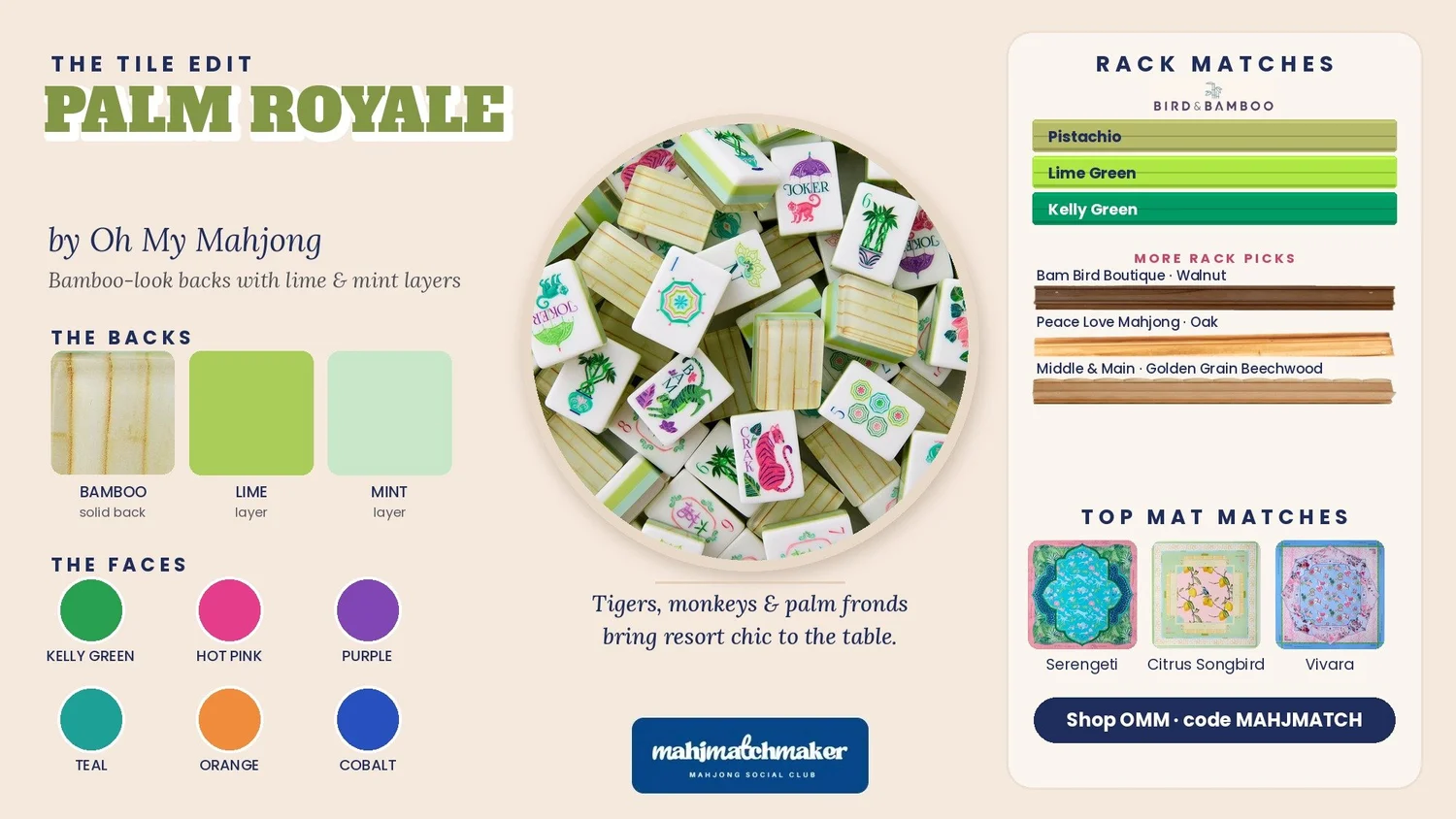 Palm Royale mahjong tiles color card with rack and mat matches