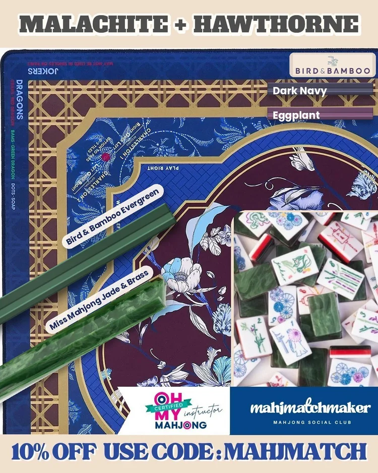 Miss Mahjong Malachite mahjong tiles with Oh My Mahjong Hawthorne mahjong mat