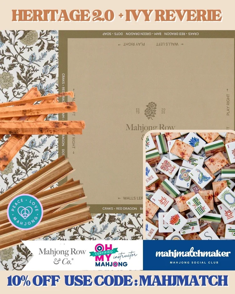 Oh My Mahjong Heritage 2.0 mahjong tiles with Mahjong Row & Co. Ivy Reverie mahjong mat