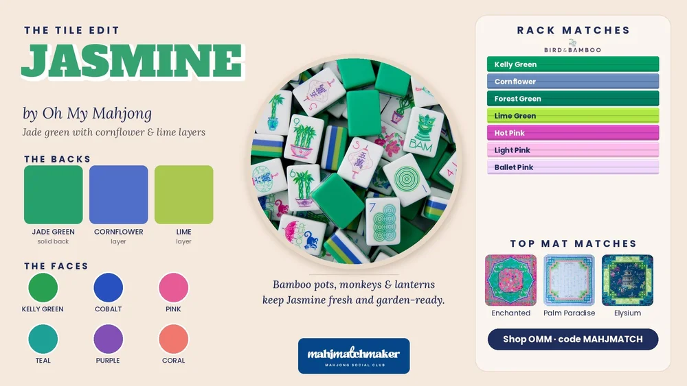 Jasmine mahjong tiles color card with rack and mat matches