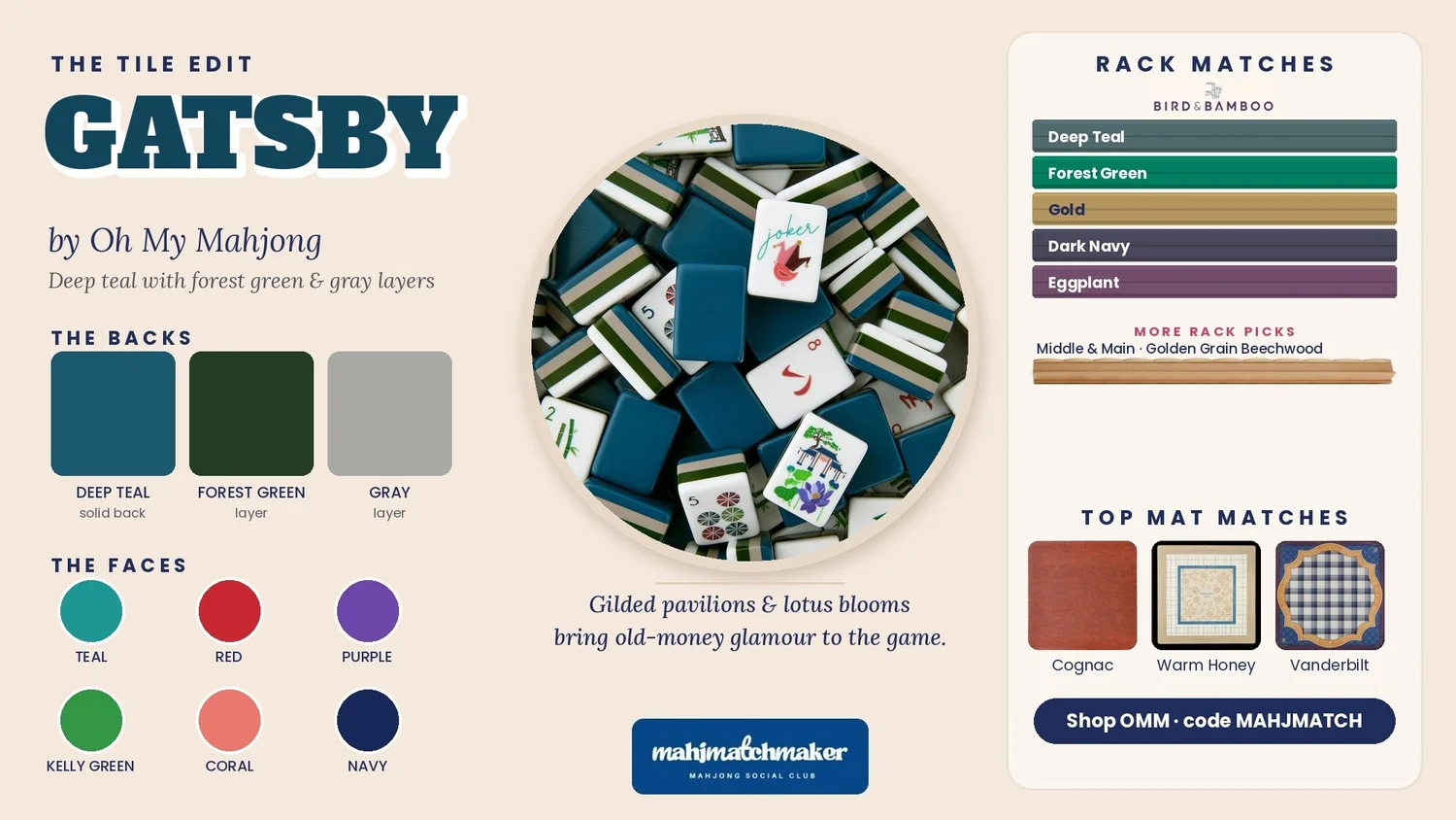 Gatsby mahjong tiles color card with rack and mat matches