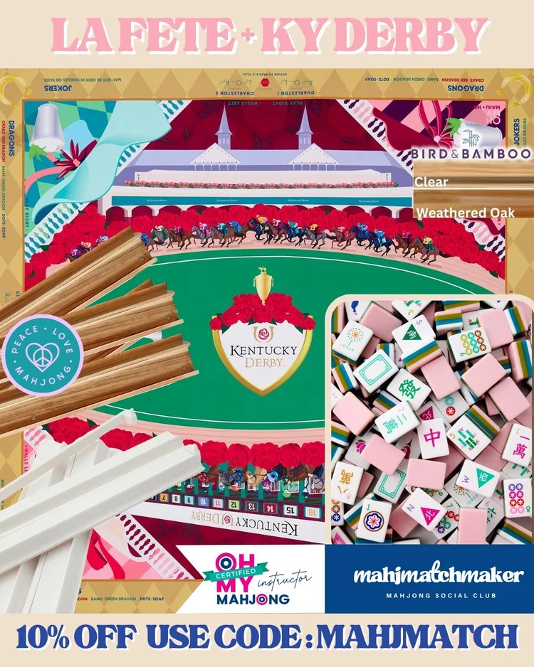 Oh My Mahjong La Fete mahjong tiles with Oh My Mahjong KY Derby mahjong mat