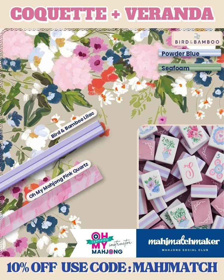 LoveShackFancy Coquette mahjong tiles with Britt Mills Veranda mahjong mat