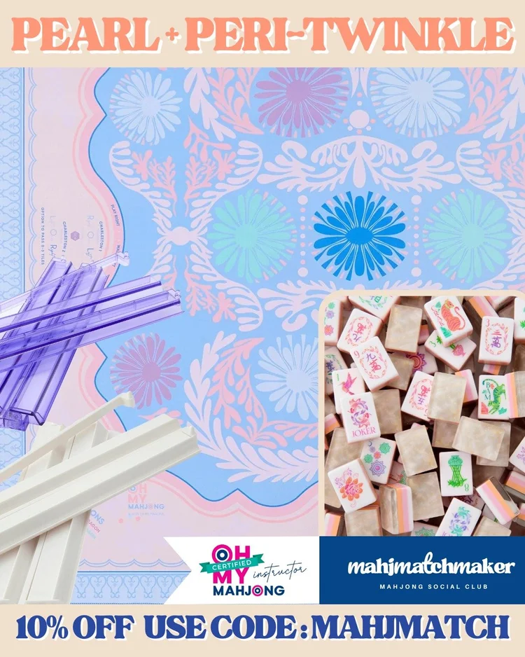 Oh My Mahjong Pearlescent mahjong tiles with Oh My Mahjong Peri-Twinkle mahjong mat