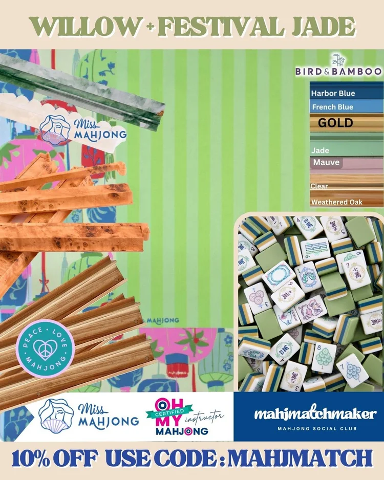 Oh My Mahjong Willow mahjong tiles with Miss Mahjong Festival Jade mahjong mat